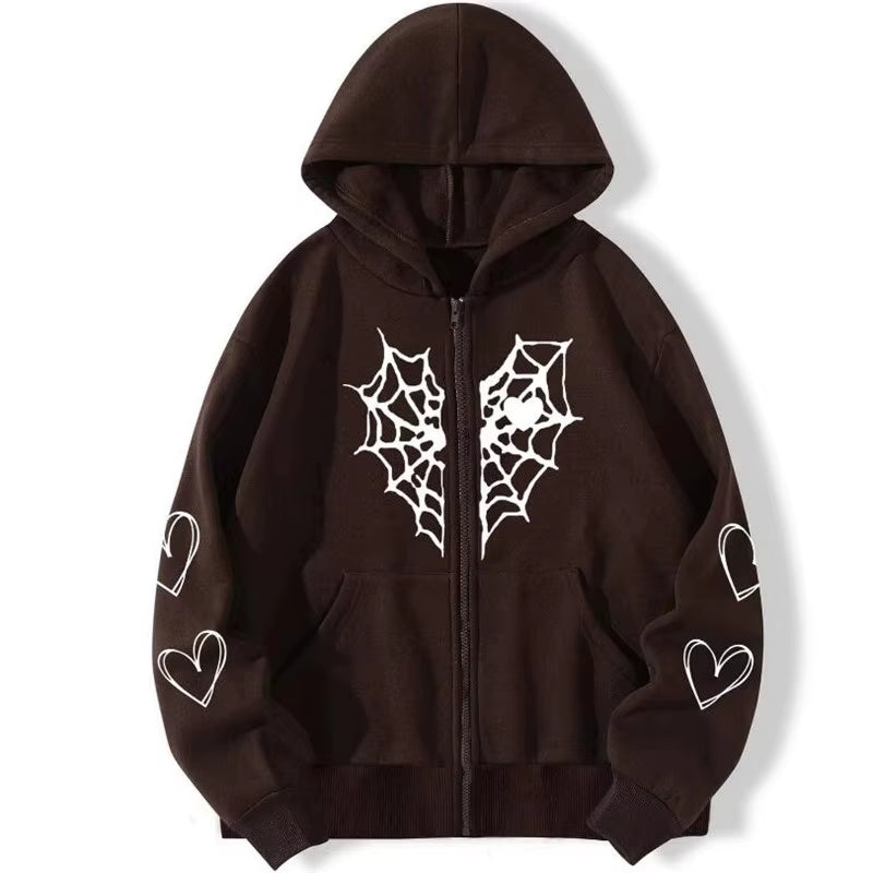 Y2K Rhinestone Cobweb Zip up Oversized Sweatshirt 2022 Autumn Goth Hoodie Men Women Grunge Hooded Jacket Streetwear Y2K Clothing