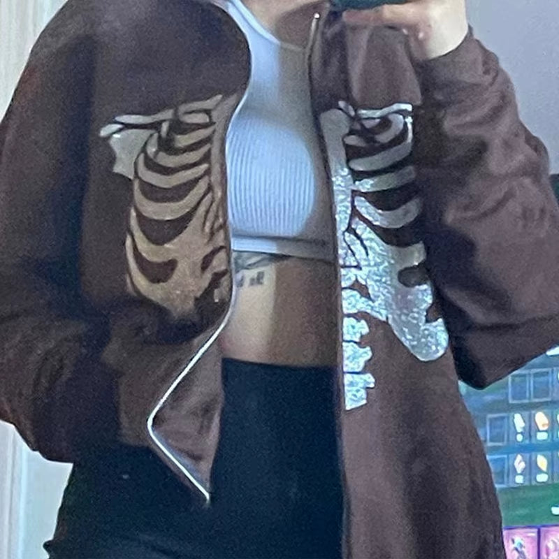 Y2K Rhinestone Cobweb Zip up Oversized Sweatshirt 2022 Autumn Goth Hoodie Men Women Grunge Hooded Jacket Streetwear Y2K Clothing