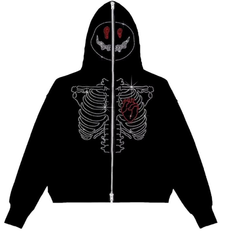Y2K Rhinestone Cobweb Zip up Oversized Sweatshirt 2022 Autumn Goth Hoodie Men Women Grunge Hooded Jacket Streetwear Y2K Clothing