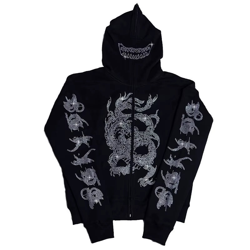 Y2K Rhinestone Cobweb Zip up Oversized Sweatshirt 2022 Autumn Goth Hoodie Men Women Grunge Hooded Jacket Streetwear Y2K Clothing