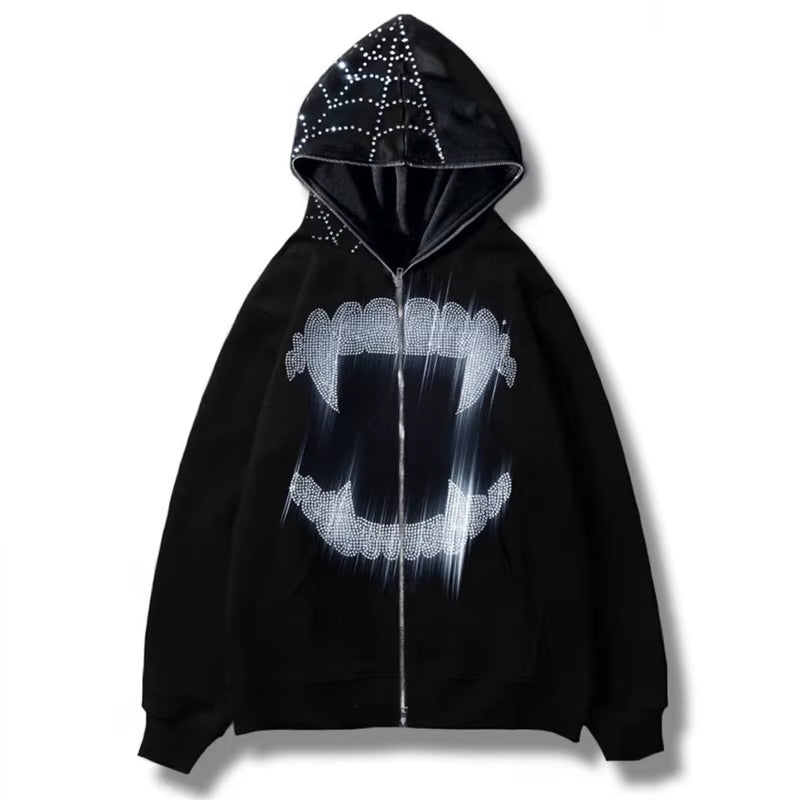 Y2K Rhinestone Cobweb Zip up Oversized Sweatshirt 2022 Autumn Goth Hoodie Men Women Grunge Hooded Jacket Streetwear Y2K Clothing