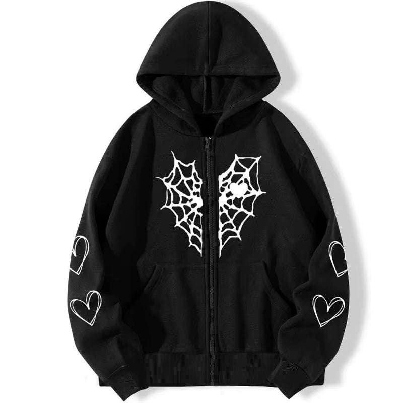 Y2K Rhinestone Cobweb Zip up Oversized Sweatshirt 2022 Autumn Goth Hoodie Men Women Grunge Hooded Jacket Streetwear Y2K Clothing
