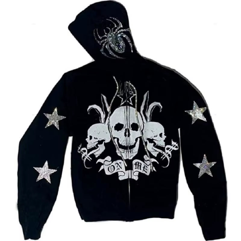 Y2K Rhinestone Cobweb Zip up Oversized Sweatshirt 2022 Autumn Goth Hoodie Men Women Grunge Hooded Jacket Streetwear Y2K Clothing