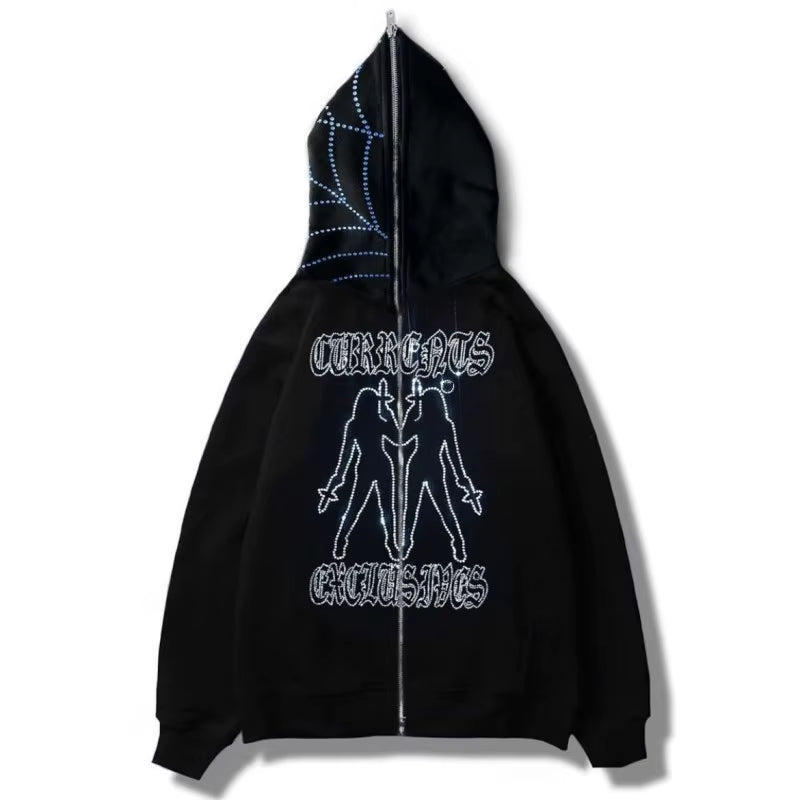 Y2K Rhinestone Cobweb Zip up Oversized Sweatshirt 2022 Autumn Goth Hoodie Men Women Grunge Hooded Jacket Streetwear Y2K Clothing