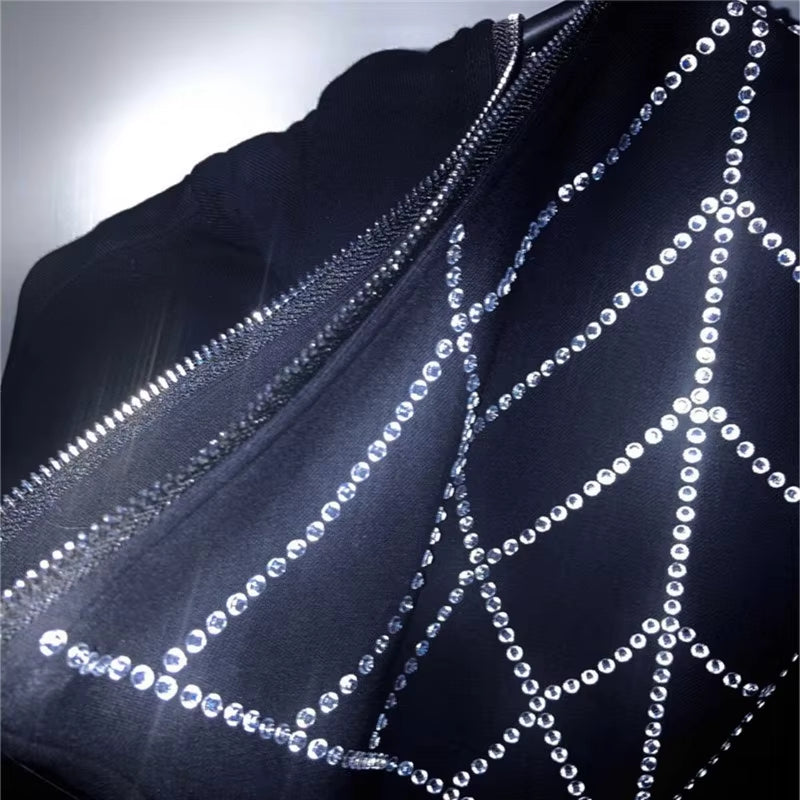 Y2K Rhinestone Cobweb Zip up Oversized Sweatshirt 2022 Autumn Goth Hoodie Men Women Grunge Hooded Jacket Streetwear Y2K Clothing