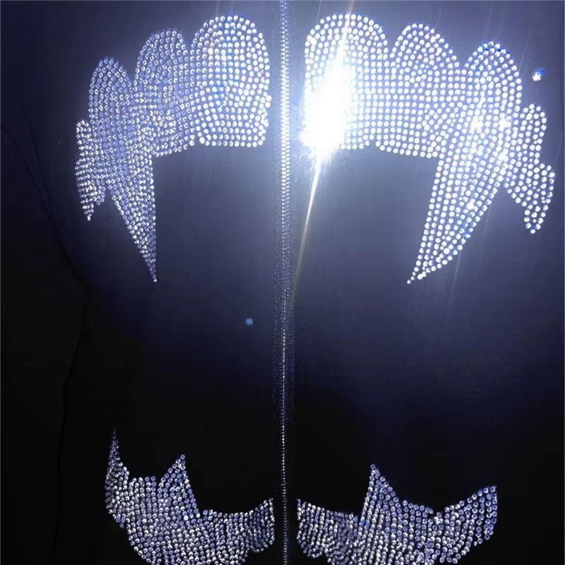 Y2K Rhinestone Cobweb Zip up Oversized Sweatshirt 2022 Autumn Goth Hoodie Men Women Grunge Hooded Jacket Streetwear Y2K Clothing