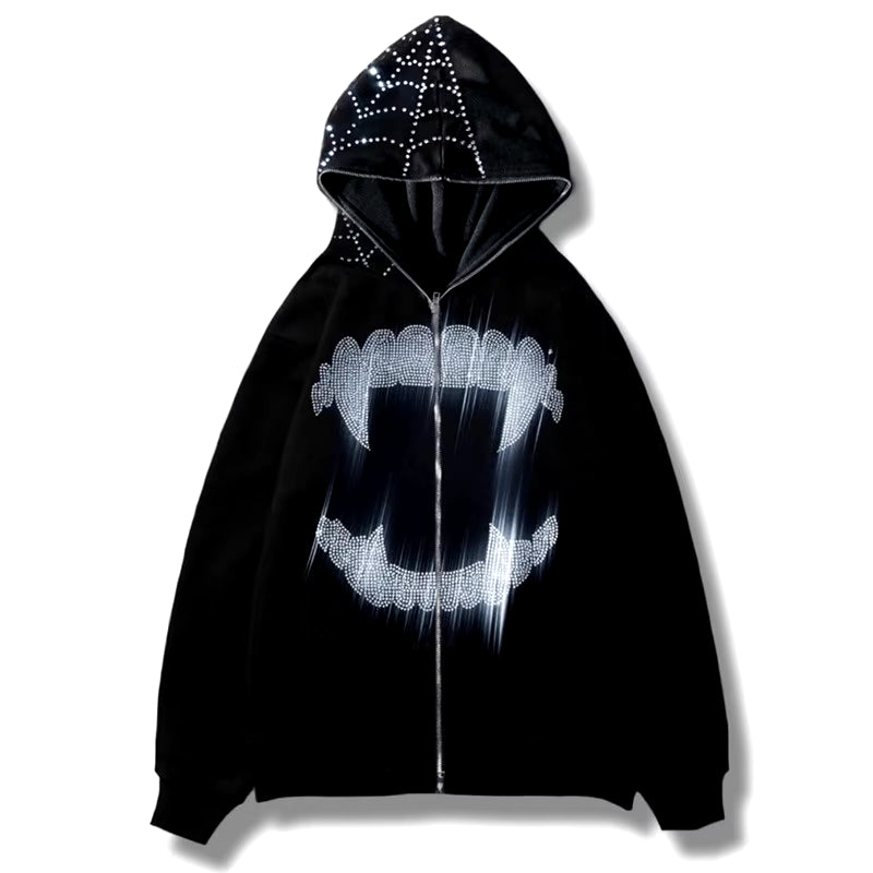 Y2K Rhinestone Cobweb Zip up Oversized Sweatshirt 2022 Autumn Goth Hoodie Men Women Grunge Hooded Jacket Streetwear Y2K Clothing