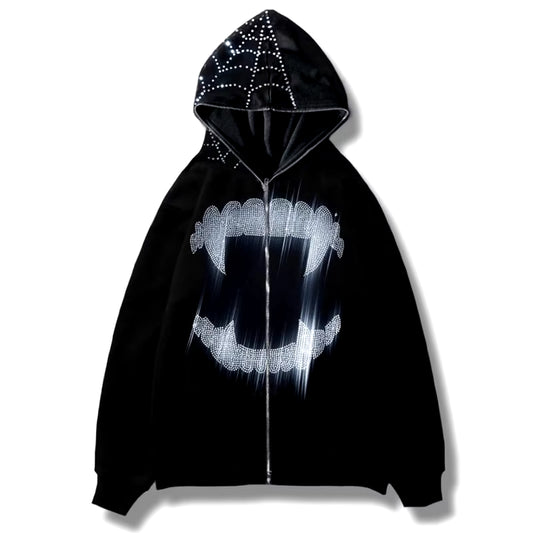 Y2K Rhinestone Cobweb Zip up Oversized Sweatshirt 2022 Autumn Goth Hoodie Men Women Grunge Hooded Jacket Streetwear Y2K Clothing