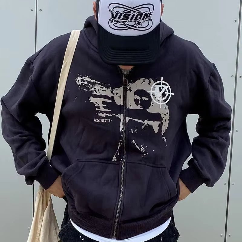 Y2K Rhinestone Cobweb Zip up Oversized Sweatshirt 2022 Autumn Goth Hoodie Men Women Grunge Hooded Jacket Streetwear Y2K Clothing
