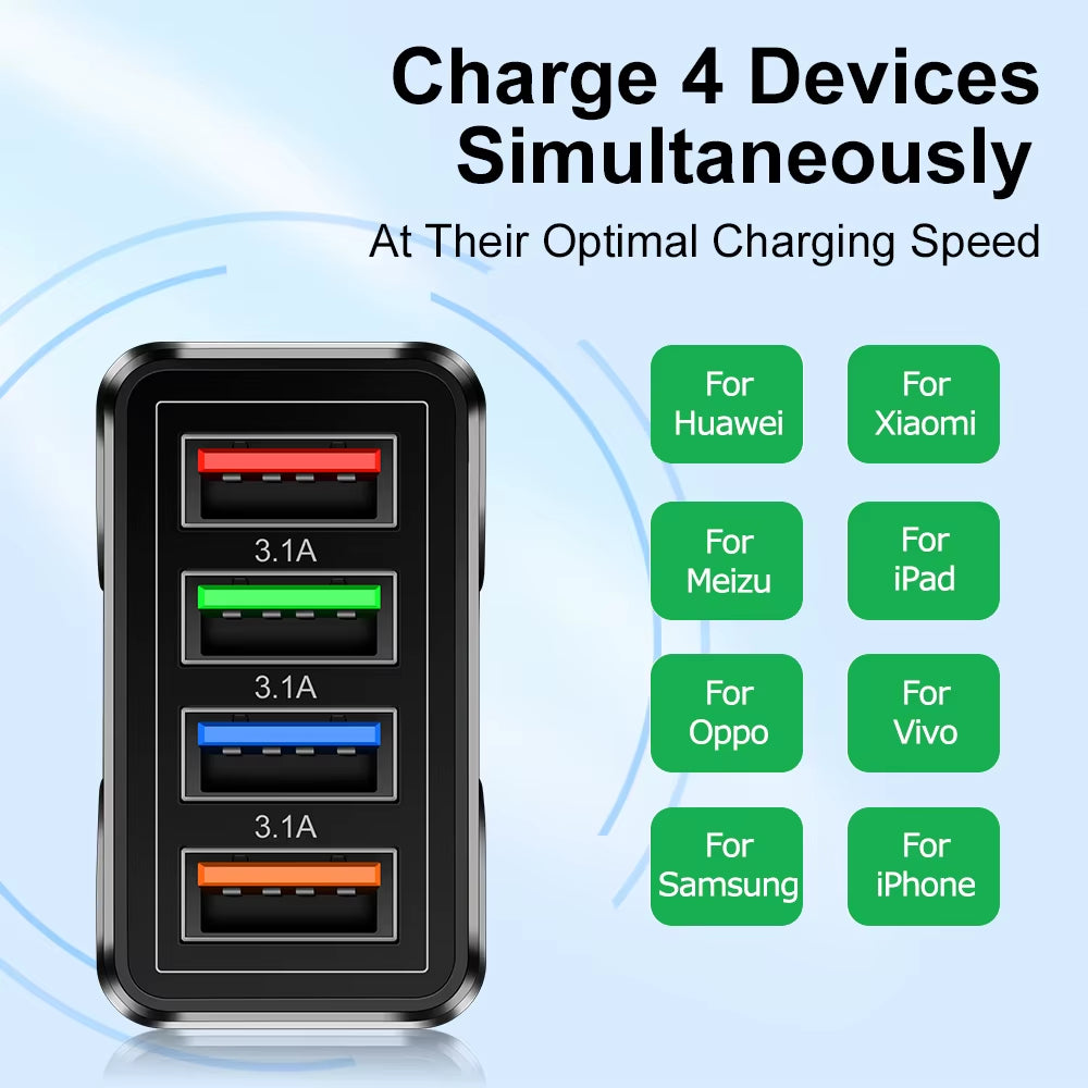 Fast 4 USB Charger Quick Charge 3.0 Fast USB Wall Charger Portable Mobile Charger QC 3.0 Adapter for Xiaomi Iphone X EU US Plug